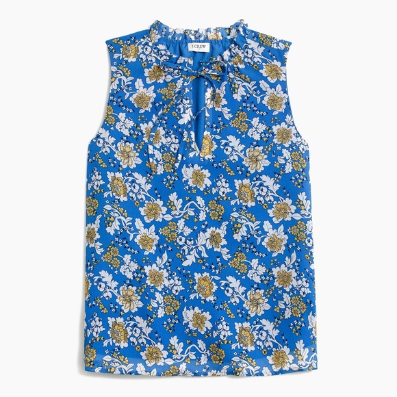 J Crew Factory Bluebells Blue and Yellow Ruffle Tie Neck Top - Picture 1 of 4